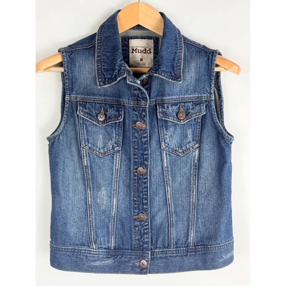 Mudd Denim Vest Medium Blue Wash Button Front Trucker Jean Jacket Y2K